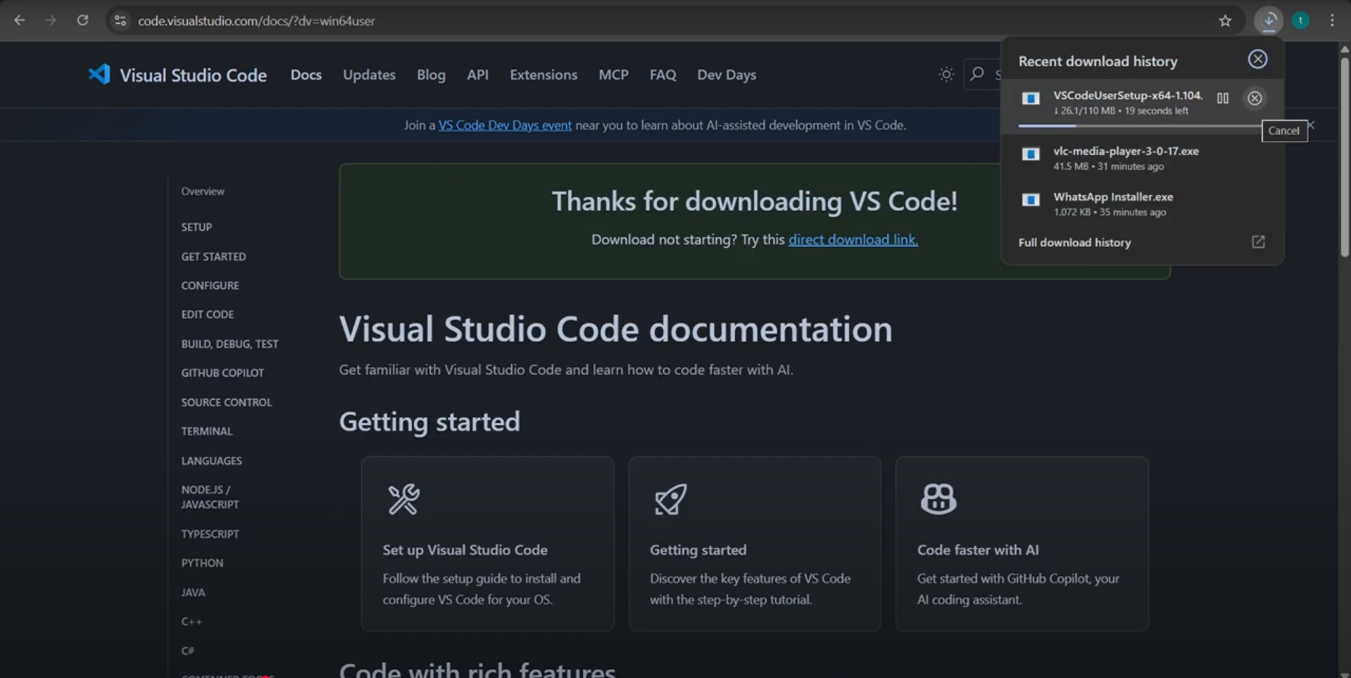 Download button for VS Code Windows